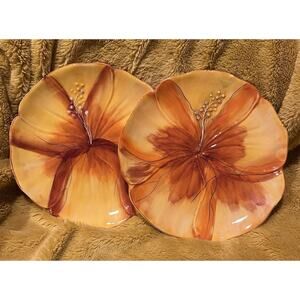 Gates Ware Flower Shaped Ceramic Plates Set Of 2 Spring Summer Orange hibiscus